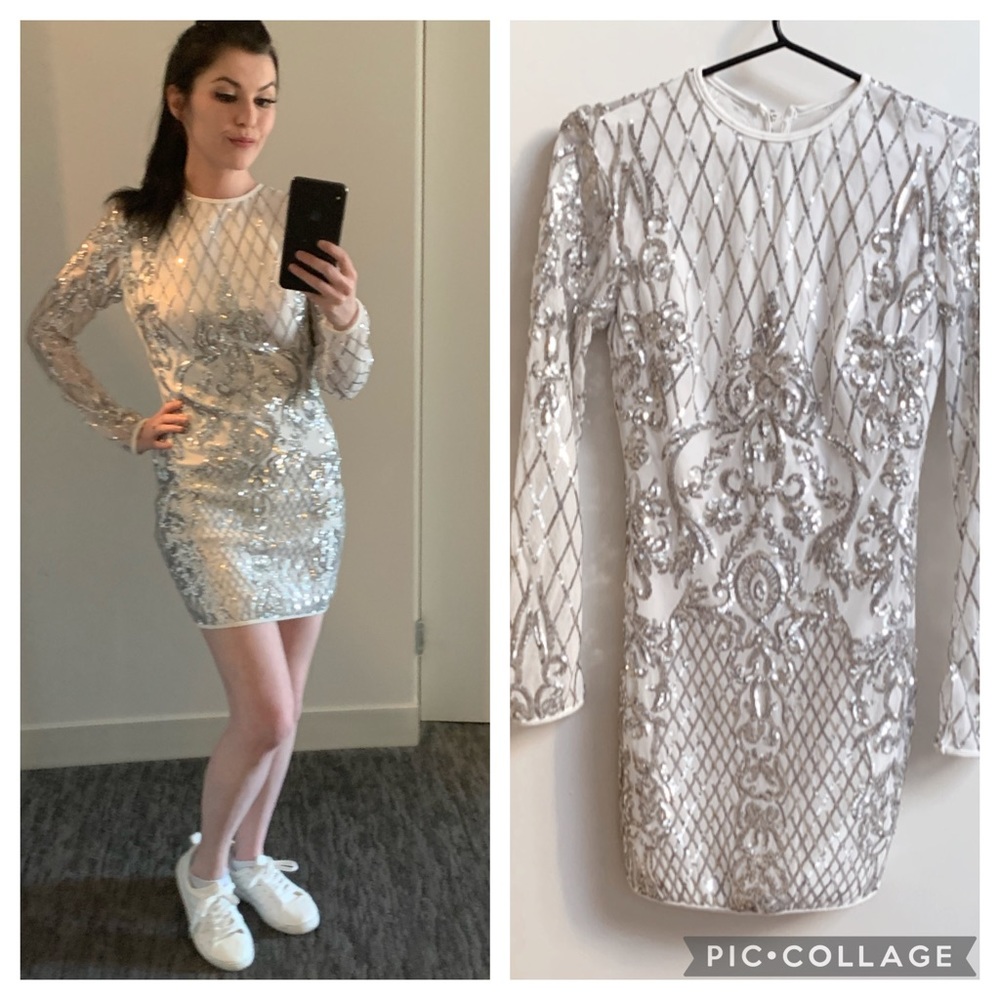 Long sleeve white mini dress. Size M but fits like a S. adorable sequin design.
